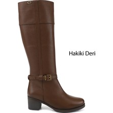 Gönderi(r) Kadın Koyu Kahve  Fermuarlı Kalın Topuklu Hakiki Deri Çizme