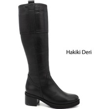 Gönderi(r) Kadın Siyah Floter  Fermuarlı Kalın Topuklu Hakiki Deri Çizme