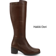 Gönderi(r) Kadın Kahve  Fermuarlı Kalın Topuklu Hakiki Deri Çizme