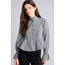 Defacto I5191AXBK81 Siyah Pötikare Desenli Peplum Fitted Hakim Yaka Uzun Kollu Gömlek