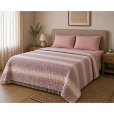 TemmuzX DAILY%100 Pamuk Müslin Pike 4 Kat Çift Kişilik Pike & Yatak Örtüsü 230X250 cm (Pembe, Desenli Çizgili)