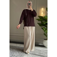 Suede Style 44440 - Şık Rahat Keçe-Polyester Kadın Fermuar Detaylı Triko Uzun Kazak