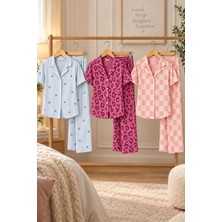 3 Adet Kadın Kısa Kollu Rahat Pijama Takımı Mor