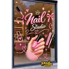 Panda Sokağı Pembe Nail Studio Tırnak Güzellik Salonu Cam ve Duvar Sticker – Protez Tırnak Kalıcı Oje Manikür Dekoratif Baskes Folyo 150X50 cm