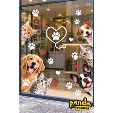 Panda Sokağı Veteriner Petshop Cam ve Duvar Sticker Seti 150X75 cm – Kedi Köpek Figürlü Pati Kalp Desenli Dekoratif Baskes Folyo