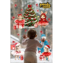 Panda Sokağı Yılbaşı Cam Sticker Seti – Sevimli Tavşanlar ve Noel Ağacı | Pencere Cam Süsü (40X130 Cm)