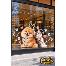 Panda Sokağı Petshop Cam ve Duvar Stickerı 100X100 cm – Pomeranian Köpek Kedi Figürlü Dekoratif Baskes Folyo