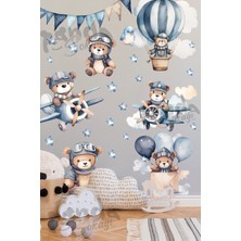 Panda Sokağı Mavi Bulut ve Pilot Ayıcıklar, Çocuk Odası Duvar Sticker, 130X150CM
