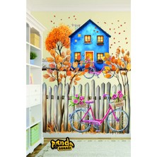 Panda Sokağı Şirin Köy Evi ve Bisiklet Sticker Salon Kendinden Yapışkanlı Sticker
