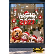 Panda Sokağı Hoş Geldin 2027 Yılbaşı Cam Sticker Süsleme – Kedi Köpek Fare Figürlü Yeni Yıl Vitrin Dekoru 150X45 cm