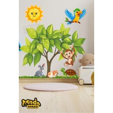 Panda Sokağı Renkli Hayvanlar Güneş ve Mavi Kuş Duvar Sticker Kendinden Yapışkanlı