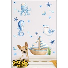 Panda Sokağı Deniz Temalı Çocuk Odası Duvar Sticker Seti – Ahtapot, Denizatı ve Yelkenli – 100X60 cm