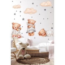 Panda Sokağı 3'lü Uyuyan Ayıcık Bulutlar ve Yıldızlar Çocuk Bebek Odası Sticker Seti 35X50