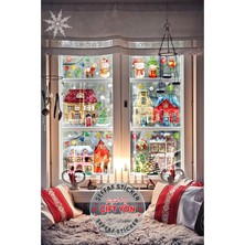 Panda Sokağı Yılbaşı Temalı Karlı Şehir, Evler Kardan Adam Christmas Çift Yönlü Şeffaf Cam, Duvar Sticker Seti