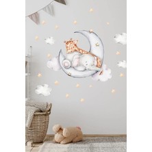 Panda Sokağı Ay Üzerinde Uyuyan Fil ve Zürafa Çocuk Odası Duvar Sticker Seti