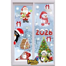 Panda Sokağı Yılbaşı Sticker 2026 Figürleri Noel Baba ve Geyik ve Kartanesi Pencere Duvar