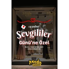Panda Sokağı 14 Şubat Sevgililer Günü Kendinden Yapışkanlı Çift Yön Sticker, Cam Mağaza Sticker
