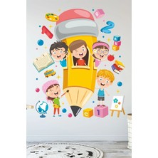 Panda Sokağı Okula Dönüş Kalem ve Öğrenciler Okul Duvar Sticker Renkli