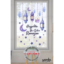 Panda Sokağı Çift Yön Hoşgeldin Ramazan Soft Mor Temalı Fener Sarkıt Cam Duvar Dekorasyon Sticker Seti