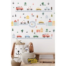Panda Sokağı Pastel Renk Araçlar Arabalar Yol ve Evler Çocuk Odası Duvar Sticker Seti