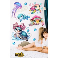 Panda Sokağı Renkli Deniz Kaplunbağları , Fok Balığı ve Su Damlaları Sticker Kendinden Yapışkanlı Sticker