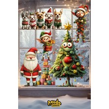 Panda Sokağı Yılbaşı Noel Baba ve Gülümseyen Çam Ağacı Duvar Pencere Sticker Seti
