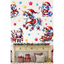 Panda Sokağı Yeni Yıl Renkli Unicorn ve Noel Baba Sticker Seti, Yeni Yıl Unicorn Duvar, Çocuk Odası, Cam