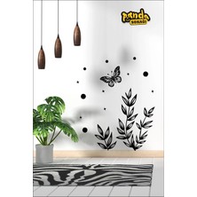 Panda Sokağı Siyah Kelebekk ve Puantiye Desenli Yapraklar Sticker Seti Salon Sticker