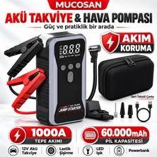 Mucosan 12V 1000AMP 60.000MAH Akıllı Akü Takviye + Powerbank + Hava Kompresörü + LED Lamba Işıklı Oto Marş Hava Kompresörü+ Sert Çantalı