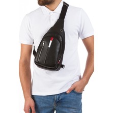 Sannora Bags Unisex Deri Çapraz Askılı Çanta Göğüs Çanta Çift Yönlü Omuz Çanta Kulaklık Çıkışlı Bodybag Günlük
