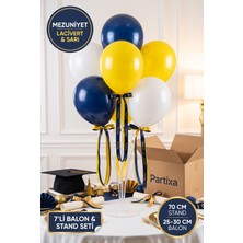 Partixa Mezuniyet Kep Atma Partisi Balon Standı Seti 70 cm Masa Standı 7 Adet Lateks Balon Lacivert Sarı