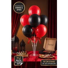 Partixa Modern Kına Gecesi Balon Standı Seti 70 cm Masa Standı 7 Adet Lateks Balon Kırmızı Siyah
