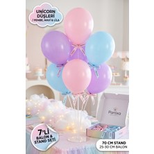 Partixa Unicorn Konsepti Pastel Gökkuşağı Balon Standı Seti 70 cm Masa Standı 7 Adet Lateks Balon Pembe Mavi Lila