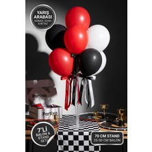 Partixa Hızlı Yarış Arabası Konsept Balon Standı Seti 70 cm Masa Standı 7 Adet Lateks Balon Kırmızı Siyah Beyaz