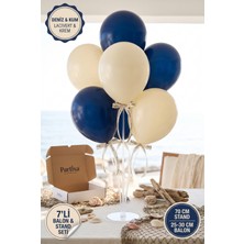 Partixa Deniz Mavisi Kum Rengi Balon Standı Seti 70 cm Masa Standı 7 Adet Lateks Balon Lacivert Krem