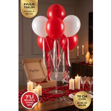 Partixa Evlilik Teklifi Romantik Balon Standı Seti 70 cm Masa Standı 7 Adet Lateks Balon Kırmızı Beyaz