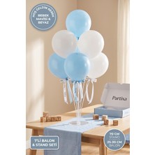 Partixa Erkek Bebek Hoş Geldin Bebek Balon Standı Seti 70 cm Masa Standı 7 Adet Mat Lateks Balon Mavi Beyaz