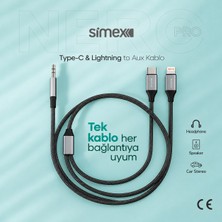 Simex Type C Iphone Lightning To 3.5mm Aux Kumaş Örgülü Ses Kablosu 2in1 DAC Çipli Stereo Destekli