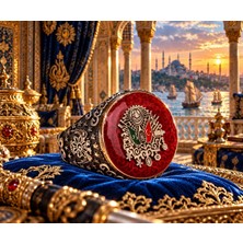 Takılingo 925 Ayar Gümüş Kırmızı Mineli Osmanlı Devlet Armalı Erkek Yüzük