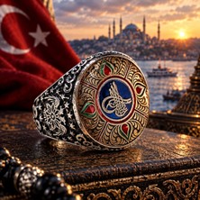 Takılingo 925 Ayar Gümüş Renkli Mineli Osmanlı Tuğra Işlemeli Erkek Yüzük