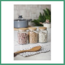 S'82 3 Lü Set Bambu Kapaklı Cam Kavanoz & Erzak Saklama Kabı 800 ml Orta Boy ( Vakum Kapak ) BZS82