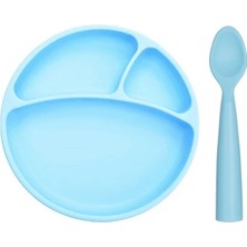 Vakum Tabanlı Silikon Tabak ve Nam Nam Kaşık 2'li Set (Mavi)