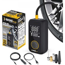 Plus Şarjlı Hava Kompresörü, Dijital Ekran, 12V 6.0AH Lithium-Ion Batarya, 6000MAH Powerbank, LED Fener, 150 Psı, Araba Motorsiklet Bisiklet Için