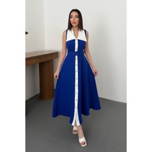Orden Yaşam Saks Geniş Yakalı Halter Kollu Elbise - Saks