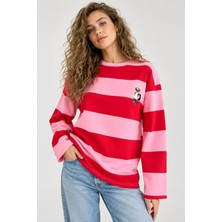 Mevese Kadın Oversize Fit Çizgili Nakış Detaylı Sweatshirt - Pembe-Kırmızı