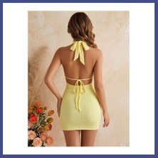 Canbia Kadın Sarı Göğüs Dekolteli ve Büzgülü Gece Elbisesi 5224 · Beden: L/xl · Renk: Sarı Kahy