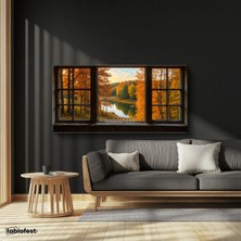 Tablofest Yatay Panoramik Kanvas Tablo Pencereden Orman ve Göl Manzara Tablosu Salon Yatak Odası Duvar Dekoru