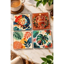 Gökçeoğlu Cam Bardak Altlığı | Güneş Ay ve Botanik Temalı | 4'lü Takım | 10CM x 10CM