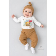 Babyden's Annesinin Aslanı Baskılı 3’lü Bebek Takımı Uzun Kol Çıtçıtlı Zıbın, Ribana Pantolon,bere %100 Pamuk