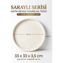 Art By Aslı Saraylı Serisi Antik Beyaz El Yapımı Dayanıklı Yuvarlak Tepsi 33X33 cm (Sunum Tepsisi - Çay ve Kahve Tepsisi)
